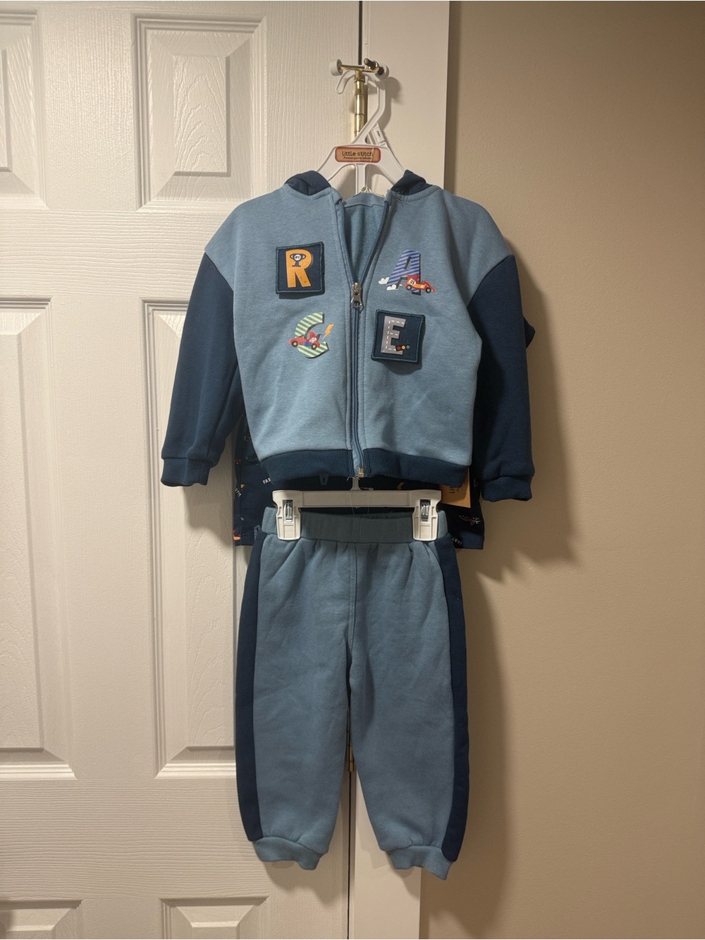 Toddler Blue Patch Hoodie, Joggers, & Tee Shirt Set (2T)